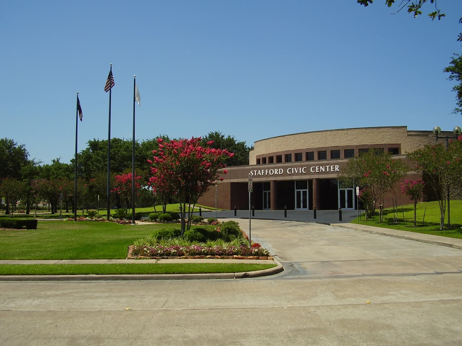 Stafford Civic Center and landscaped grounds in Stafford, Texas